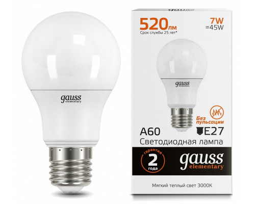 Лампа светодиодная Gauss Led Elementary A60 E27 7Вт 3000K 23217A