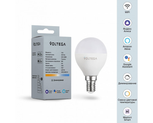 Лампа светодиодная с управлением через Wi-Fi Voltega Wi-Fi bulbs E14 5Вт 2700-6500K 2428