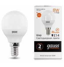 Лампа светодиодная Gauss LED Elementary Globe E14 8Вт 3000K 53118